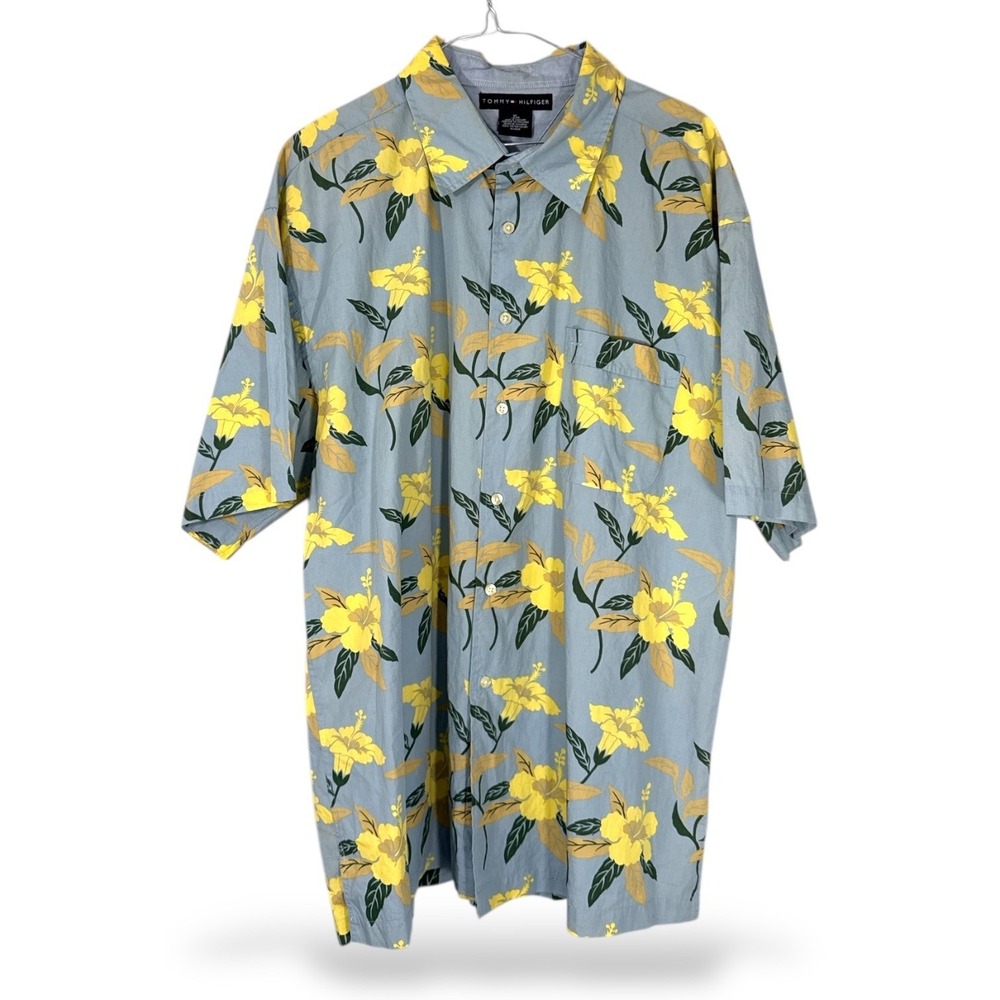 Tommy Hilfiger Mens XL Camp Shirt Floral Aloha Hawaiian Short Sleeve Button Up